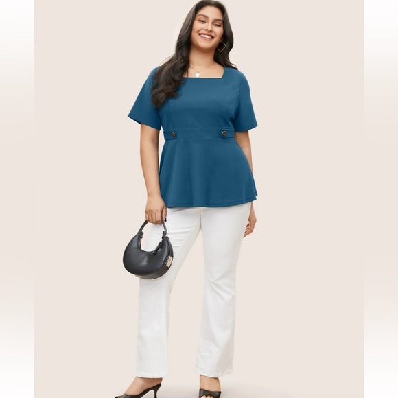 BloomChic Plus Size Square Neck Waist Tab Gathered Blouse - Picture 6 of 7